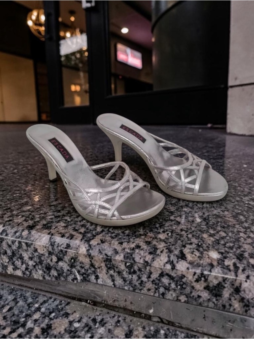 🔥 Escada Metallic Silver Strappy Heeled Mules — Elegant Evening Glam